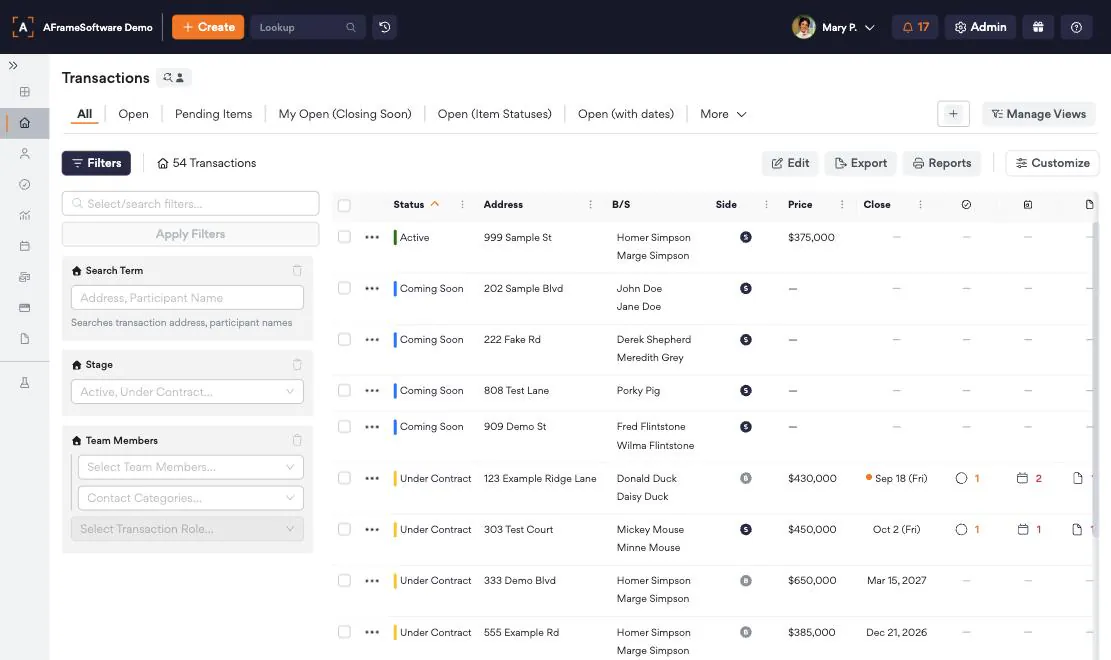 AFrame transactions list filtered by stage, showing status, address, buyer and seller, price and closing date