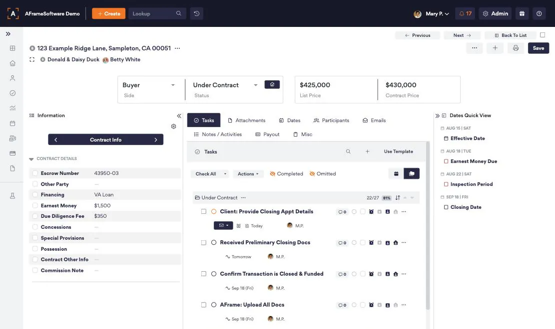 An AFrame transaction file with its tasks, dates and documents generated from a workflow template