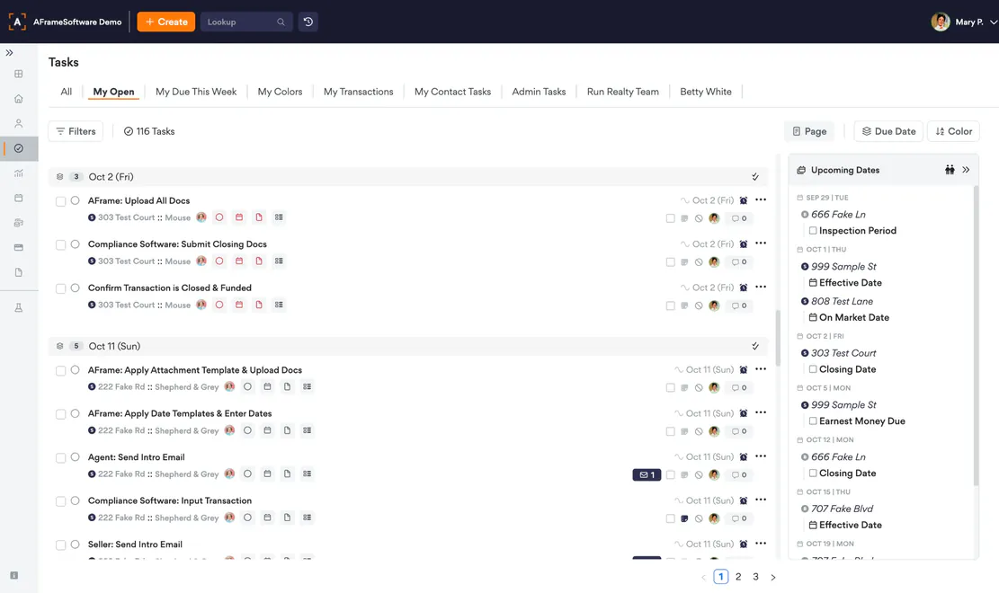 AFrame task list grouped by due date, with upcoming transaction dates alongside